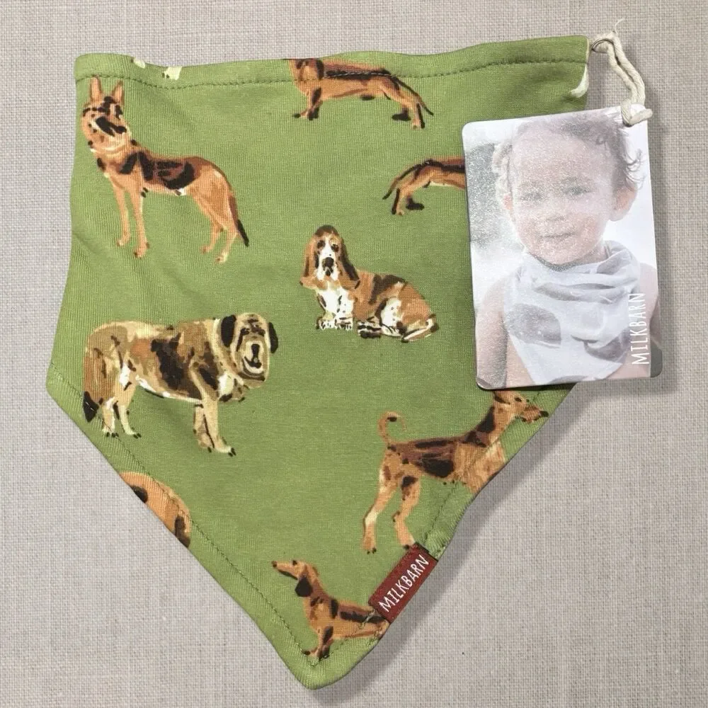 MilkBarn Organic Cotton Dog Print Baby Bandana Bib Green NWT Snap Closure